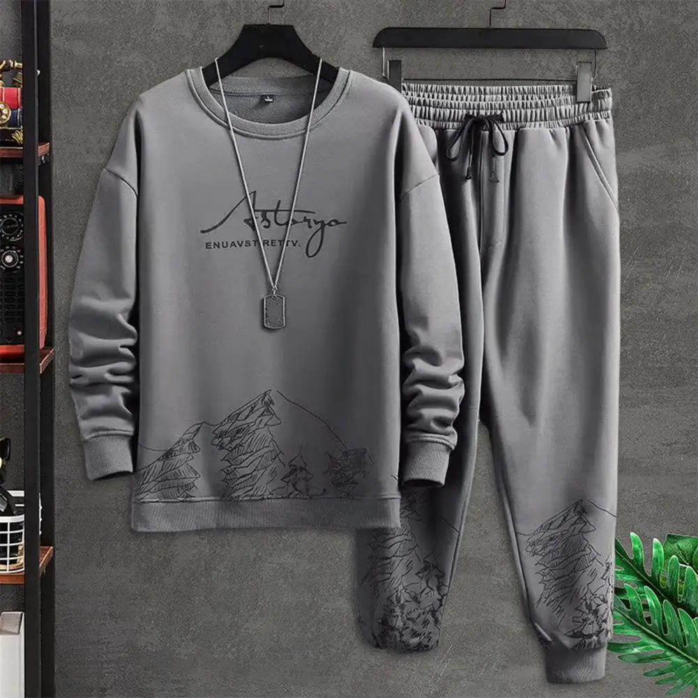 Men Sweatshirt Pants Set Men's Mountain Print Tracksuit Set with O-neck Sweatshirt Drawstring Jogger Pants for Autumn Winter