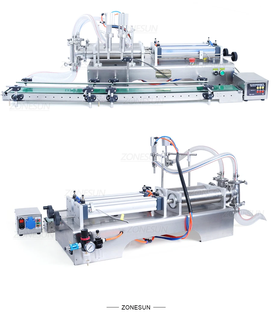 ZONESUN ZS-DTYT2L Pneumatic 2 Nozzles Piston Liquid Filling Machine With Conveyor Belt