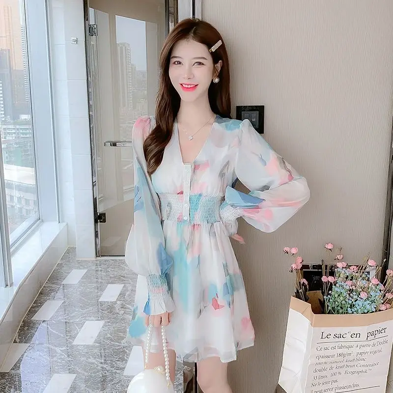

2024 New Spring and Summer Printed Chiffon Dress for Women with V Neck, Unique Style and High-End Beauty