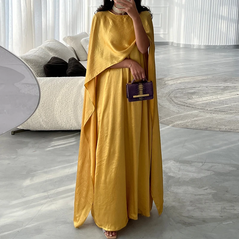 

Elegant O-neck Shawl Long Sleeve Party Dress Lady Temperament Loose Solid Color Long Dress Fashion Pleated High Waist Robe Dress