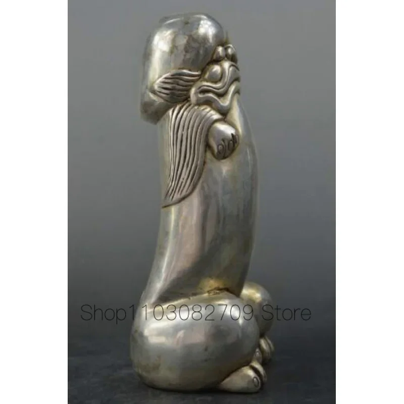 Tibet silver man guard Foo Dog Lion male Carved Penis God Collect Statue Figure 3