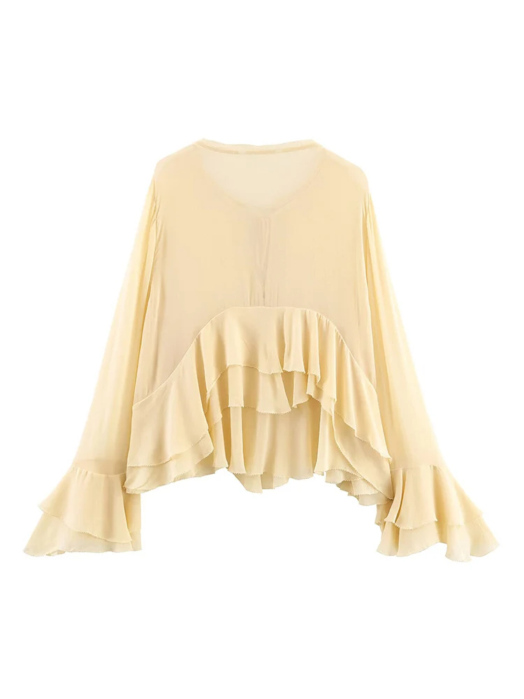 Women Chiffon Blouse 2025 Autumn New Fashion Lotus Leaf Hem With Flare Sleeve Tie  Blouse Woman Tops Lady  Loose Elegant Blouses