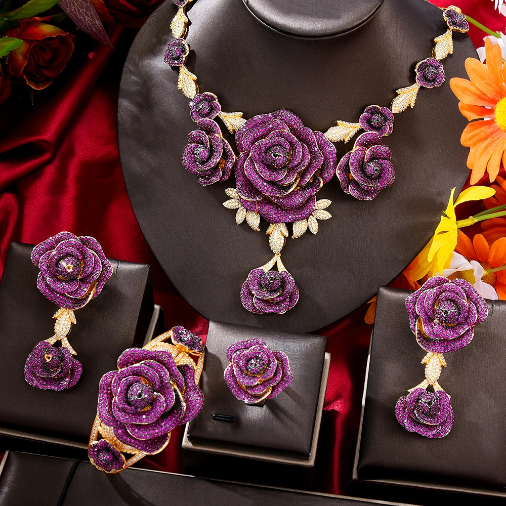 Missvikki Luxury 4pcs Bloom Flowers Necklace Bangle Earrings