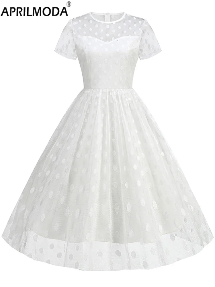 2024 Elegant Lace Vintage Short Midi Cocktail Dress Polka Dot Print Solid  White Green Green 1950s Style Formal Evening Dresses - AliExpress