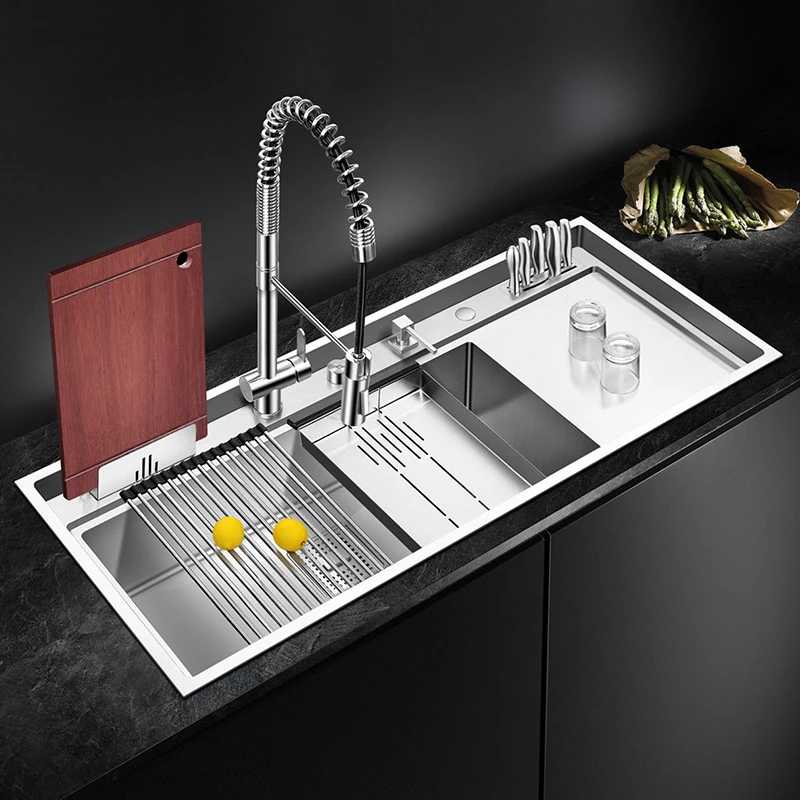 ASRAS Large Size Handmade Brushed Single Kitchen Sink 4mm Thickness 240mm Depth With Drain Plate Knife Holder Kitchen Sinks 2