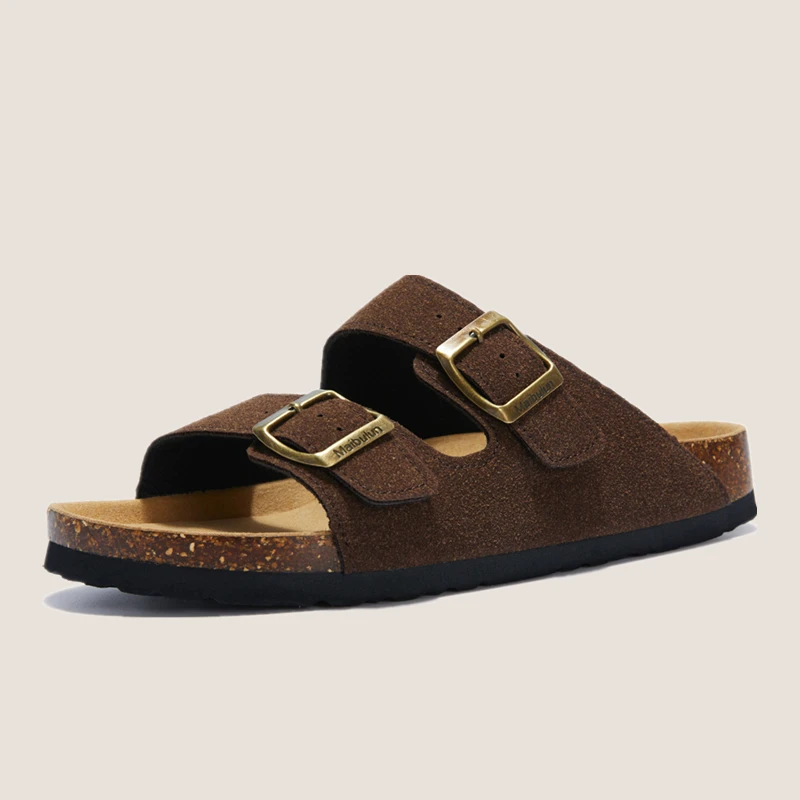 COSMAGIC 2023 New Summer Men Cork Slipper Casual Beach Double Buckle Non-slip Outside Nubuck Leather Slip on Slides Shoe