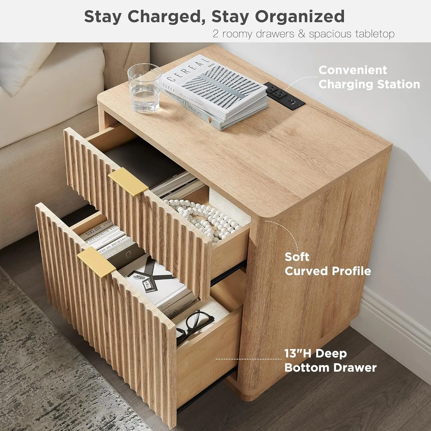 23' Fluted Nightstand with Charging Station, 2-Drawer Storage, Modern Natural Oak Bedside Table