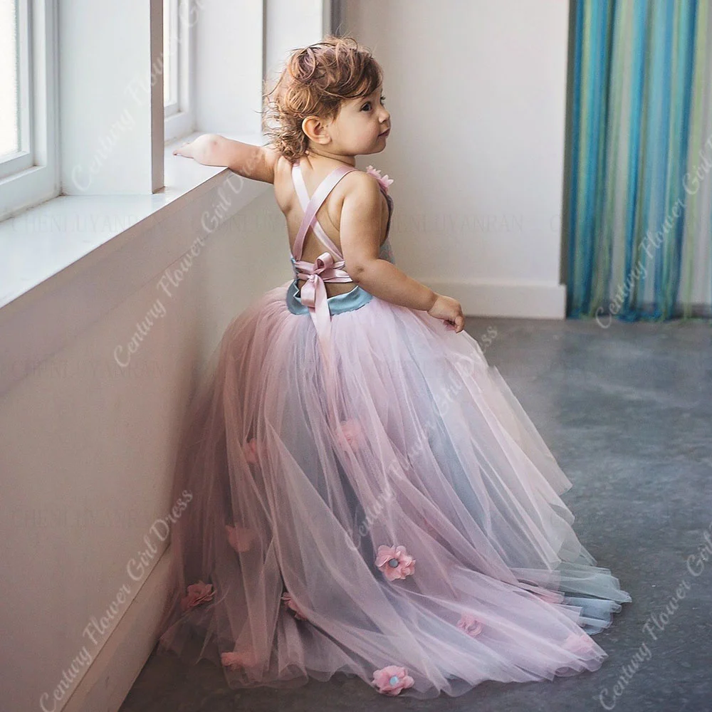 

Halter Flower Girl Dresses Sweep Train Sexy Girls Princess Wedding Party Dress 3D Flora Backless Baby First Communion Gown Dress