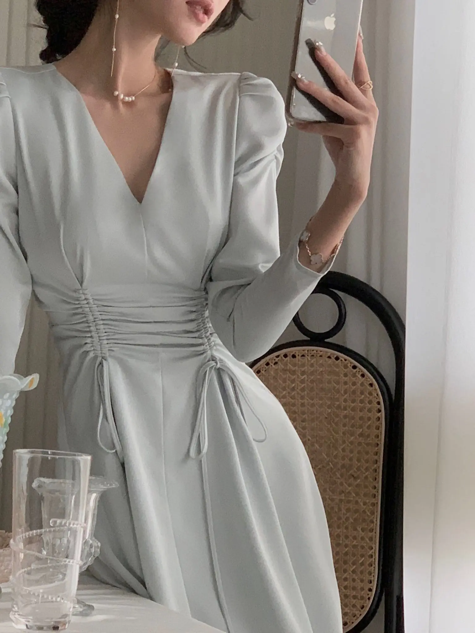 

Coigarsam Autumn New Women Elegant Midi Satin Dress Long Sleeve Party Vestidos One Piece Drawstring Slim Spring Clothes