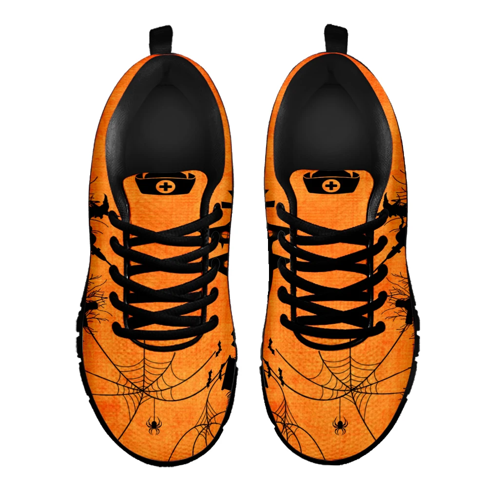 INSTANTARTS Ladies Casual Sneakers Shoes Fashion Halloween Witch Ghost Cobweb Printing Women Lace-up Flat Shoes Air Mesh Shoes