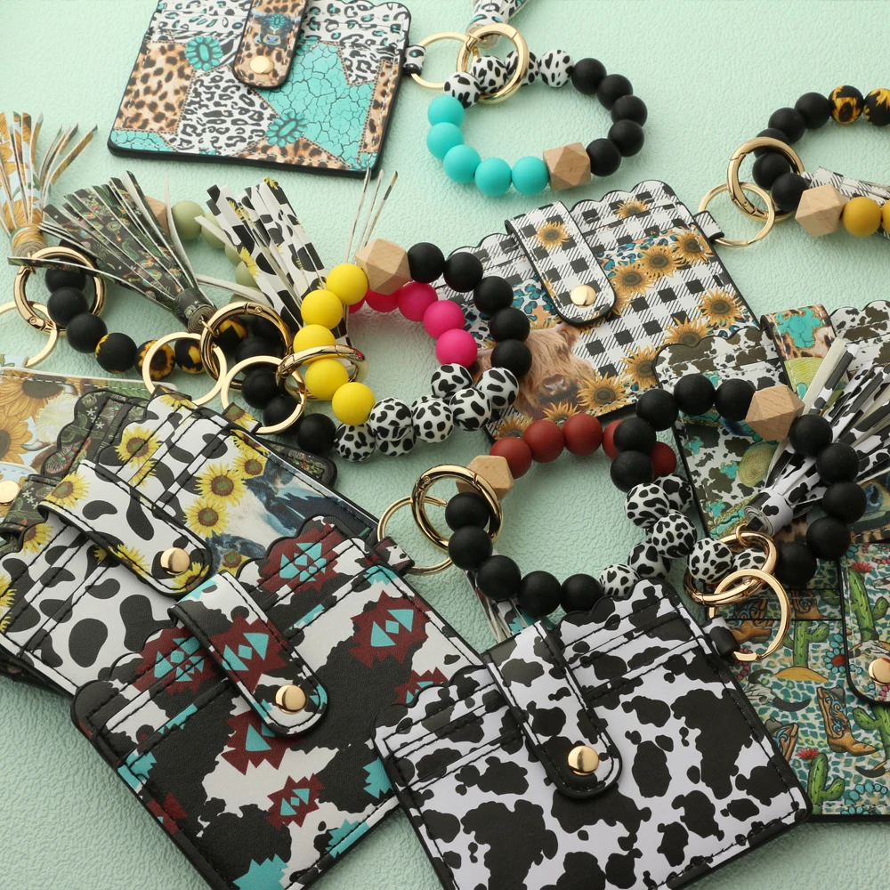 Bull Silicone Beads Bracelet Pu Leather Purse Leopard Print Tassel Cow Wallet Keychain Silicone Beaded ID Card Holder Keychain 3