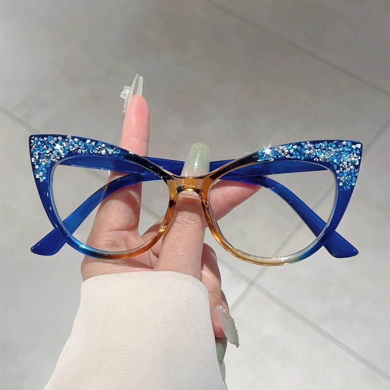 Women Fashion Eyeglasses Cat Eye Multi Color Frame Crystal Shiny Non-prescription