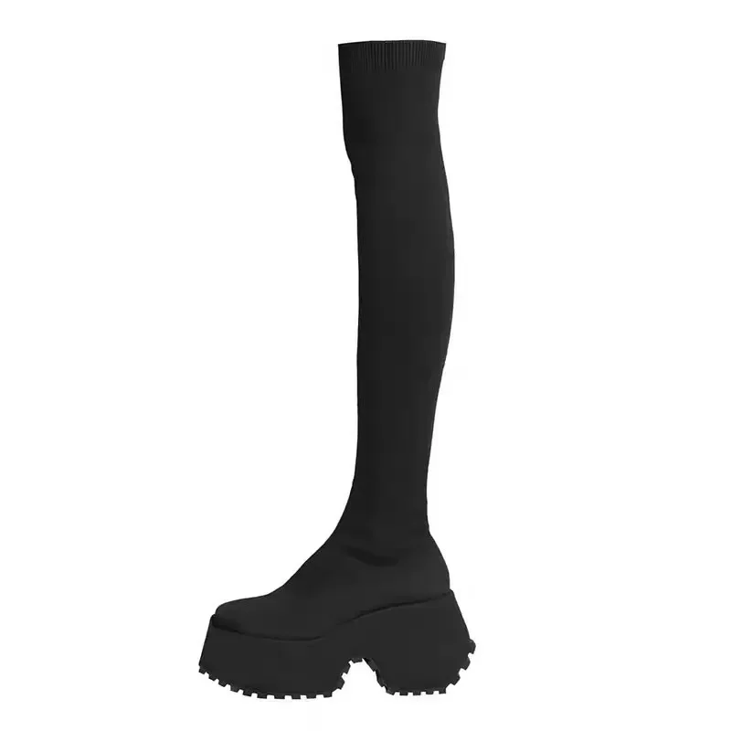 Women's Over The Knee Sock Boots 2023 Winter New Fashion Stretch Thick Heels Knitted Long Boots Women Slip on Platform Shoes