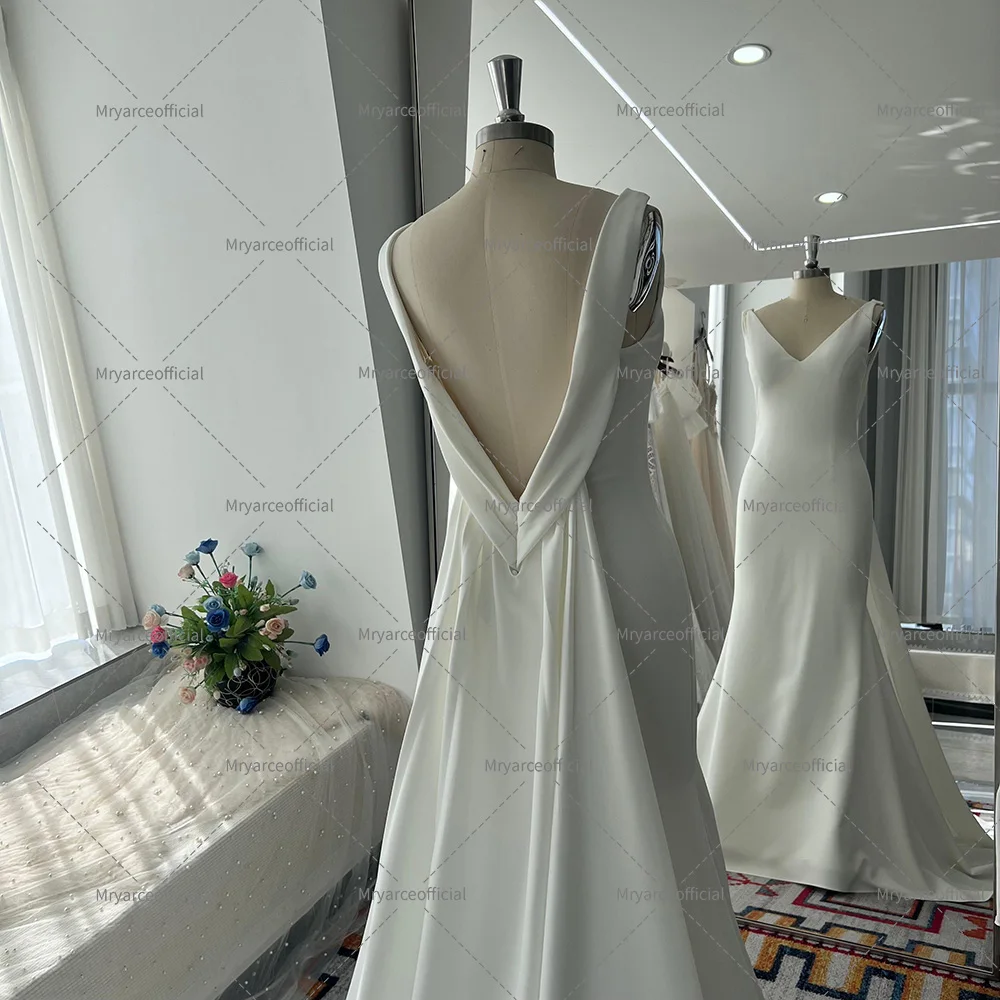 Mryarce 2025 Minimalism Wedding Dresses V Neck Stretch Mermaid Open Back Bridal Gowns With Detachable Train 5