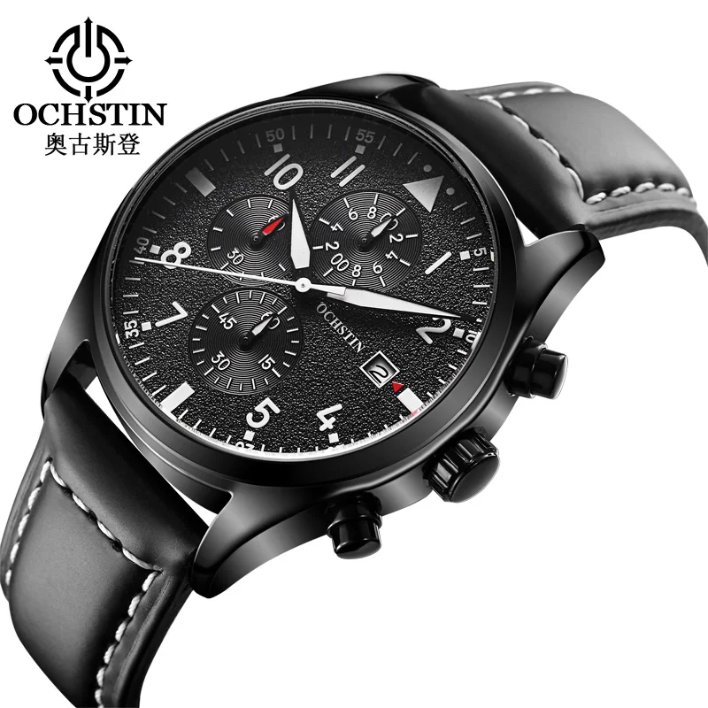 

OCHSTIN Man WristWatch Waterproof Date Week Chronograph Men Watch Field Top Brand Luxury Black Genuine Leather Sport Male Clock
