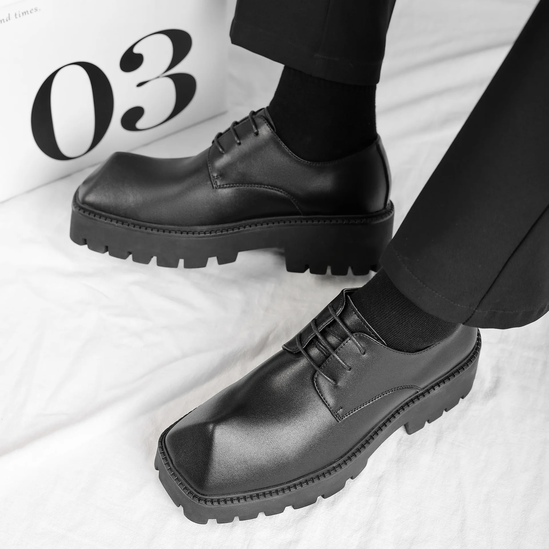 

Genuine Leather Men Platform Derby Shoes Mens Horn Square Toe Casual Shoes Male Lace Up Wedding Shoes Size 38-44