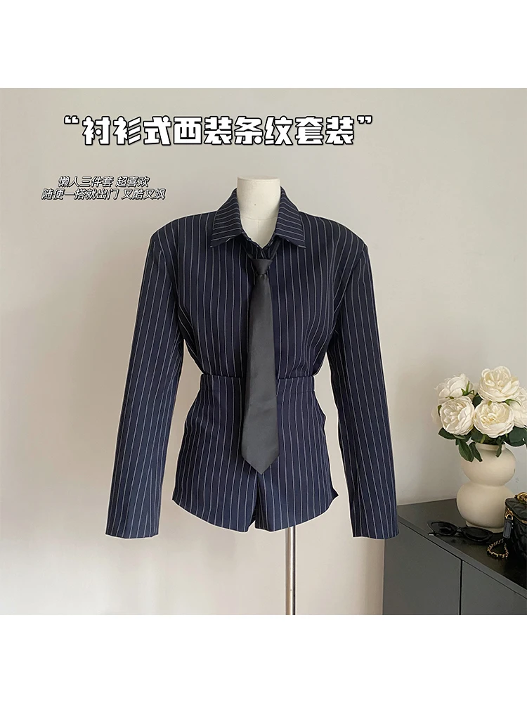 

Women's Navy Striped Pants Sets Vintage High Waist Short Pants and Long Sleeve Shirt Vintage Y2k 90s Elegant 2000s Clothes 2024
