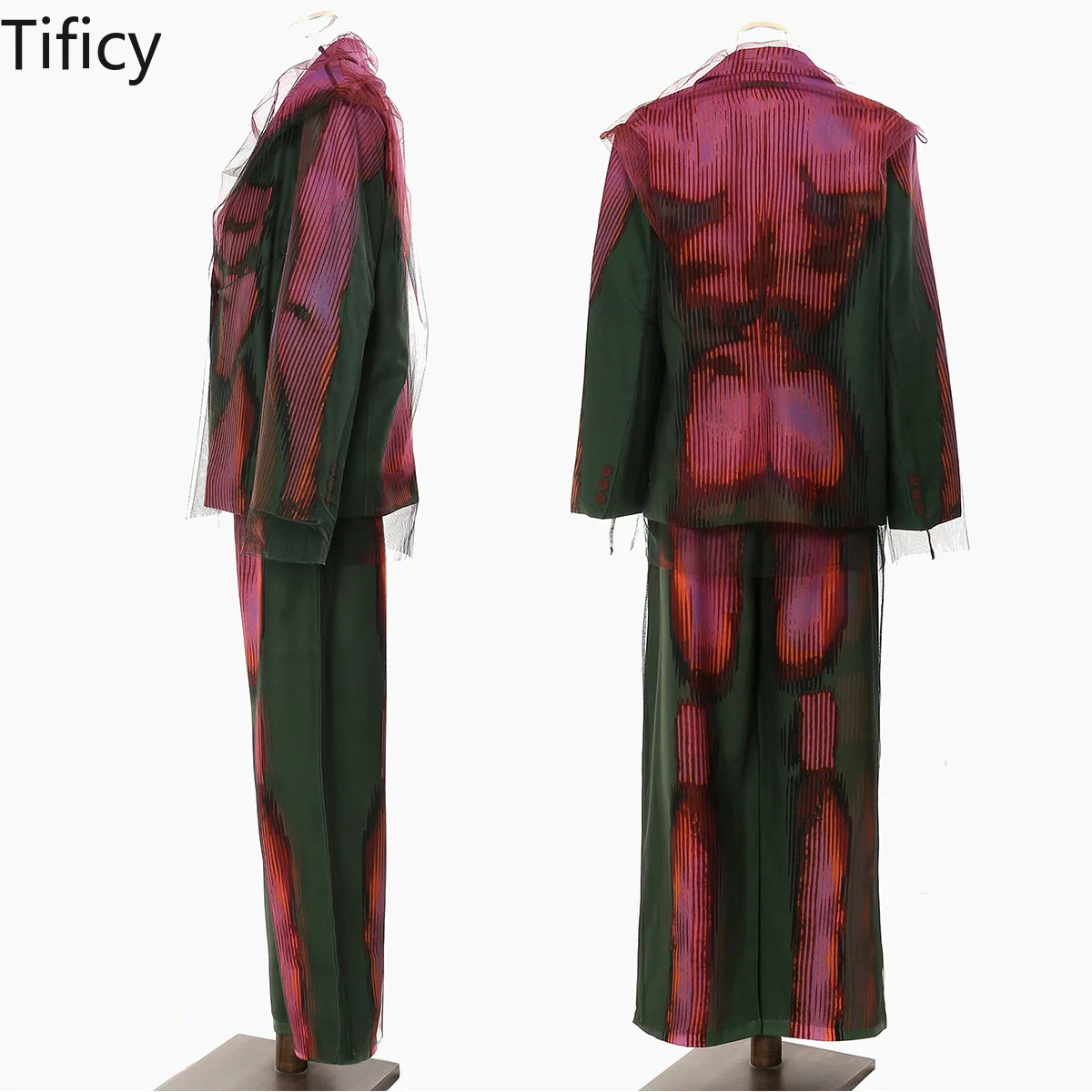 New Personalized Graffiti Mesh Splice Printing Two Piece Fashion Set Women's Blazer and Pants 2pcs Set