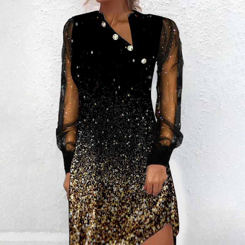 

Women's Fashion Dress Casual Long Sleeve Gauze Pullover Clothing Printing Oversized Party Dresses Female