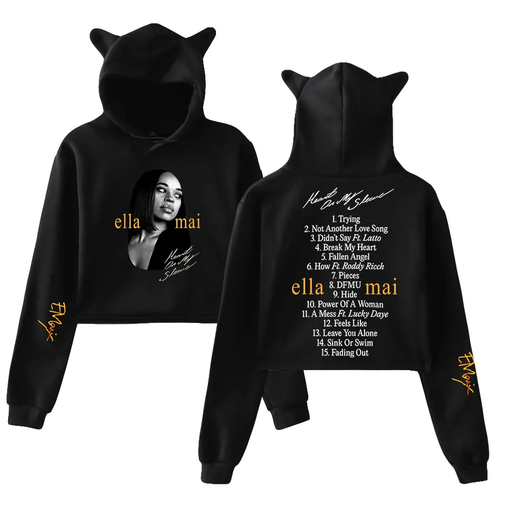 

Женская укороченная Толстовка Ella Mai Merch с изображением кота, укороченные топы с капюшоном для девочек, свободная толстовка с капюшоном