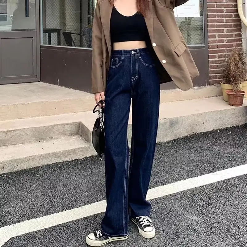 

Black Open Line Oversized Straight Loose Jeans Women's 2023 Spring New High Waist Slim Korean Fashion Wide Leg Trousers Trendy