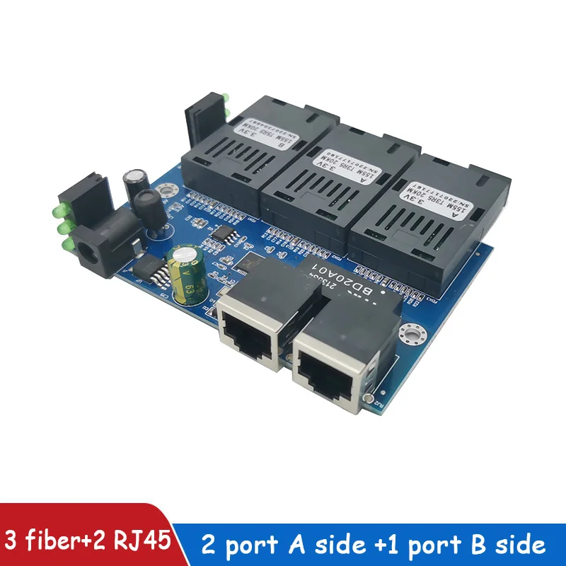 Fast Ethernet switch Converter 20KM Ethernet Fiber Optical Media Converter Single Mode 2 RJ45 3 SC fiber Port 10/100M 3F2E