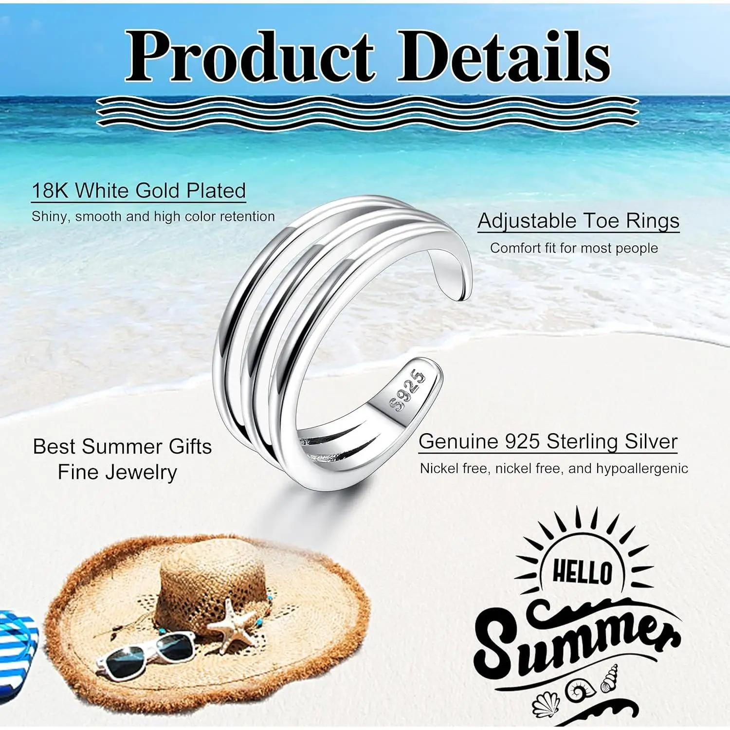 Fansilver 925 Sterling Silver Toe Ring for Women Stylish Vintage Adjustable Toe Band Rings For Summer Beach 6