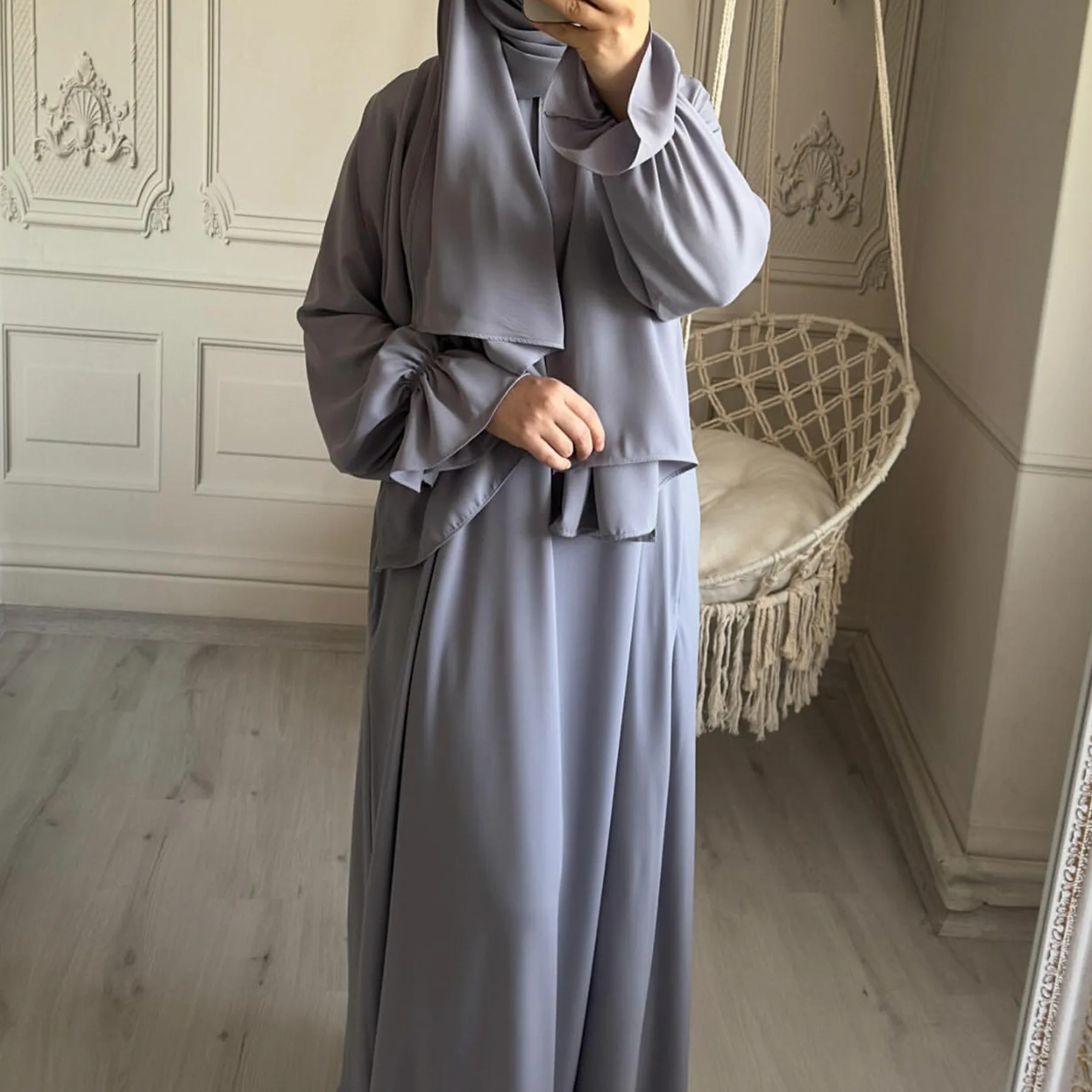 Hooded Abaya Dubai Jilbab One Piece Prayer Dress with Attached Hijab Trumpet Sleeves Muslim Women Ramadan Eid Islamic Clothing