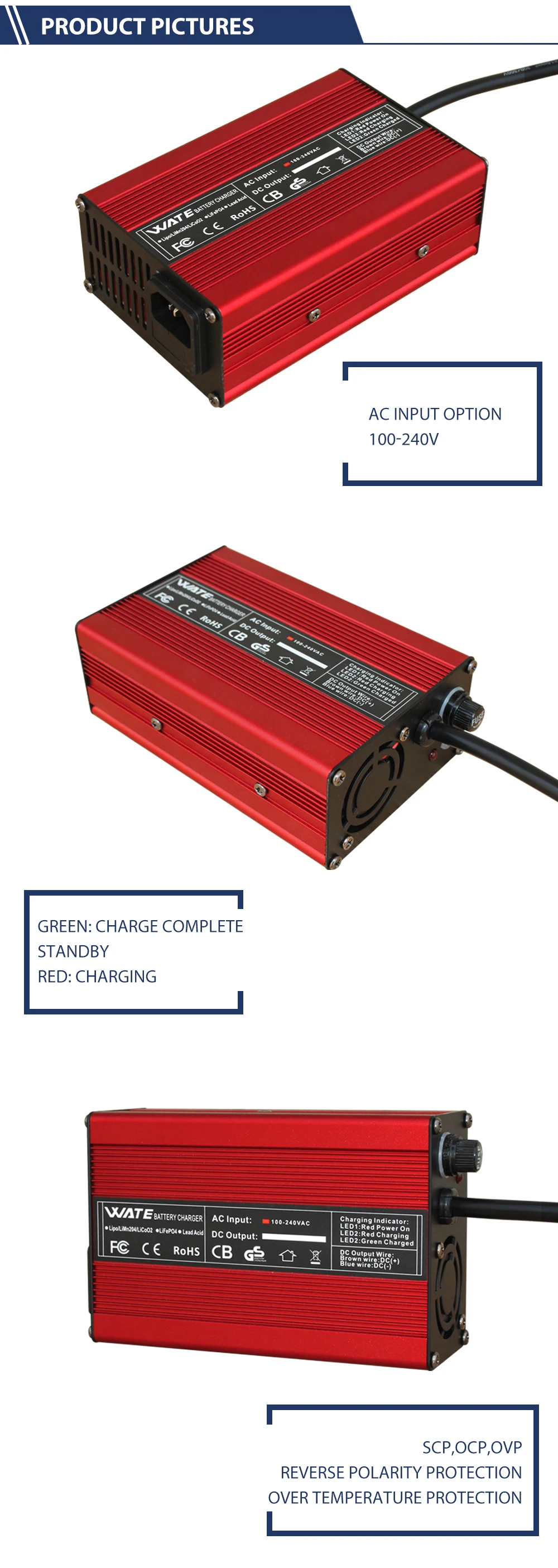 WATE 54.6V 5A smart fast lithium battery charger with a heavy duty aluminum alloy shell