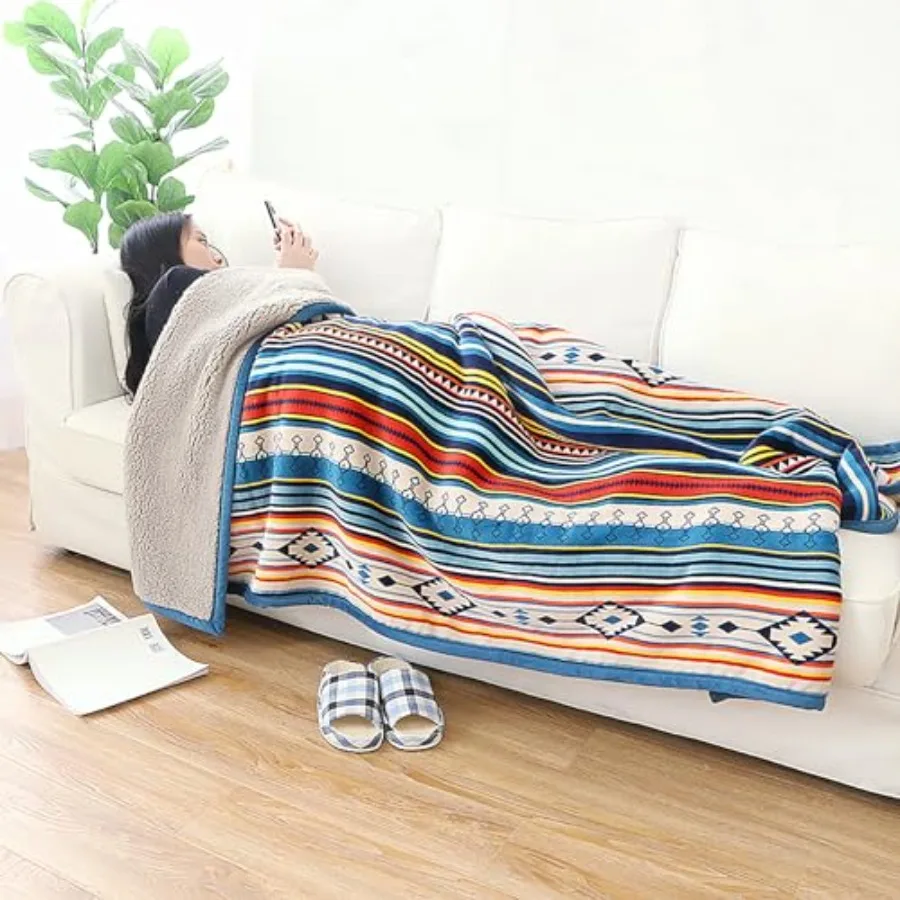 Bohemian Sherpa Bed Blanket King Size 90'' x 108'' with Native American Design for Cozy Warmth on Bed Couch or Sofa Ideal for I