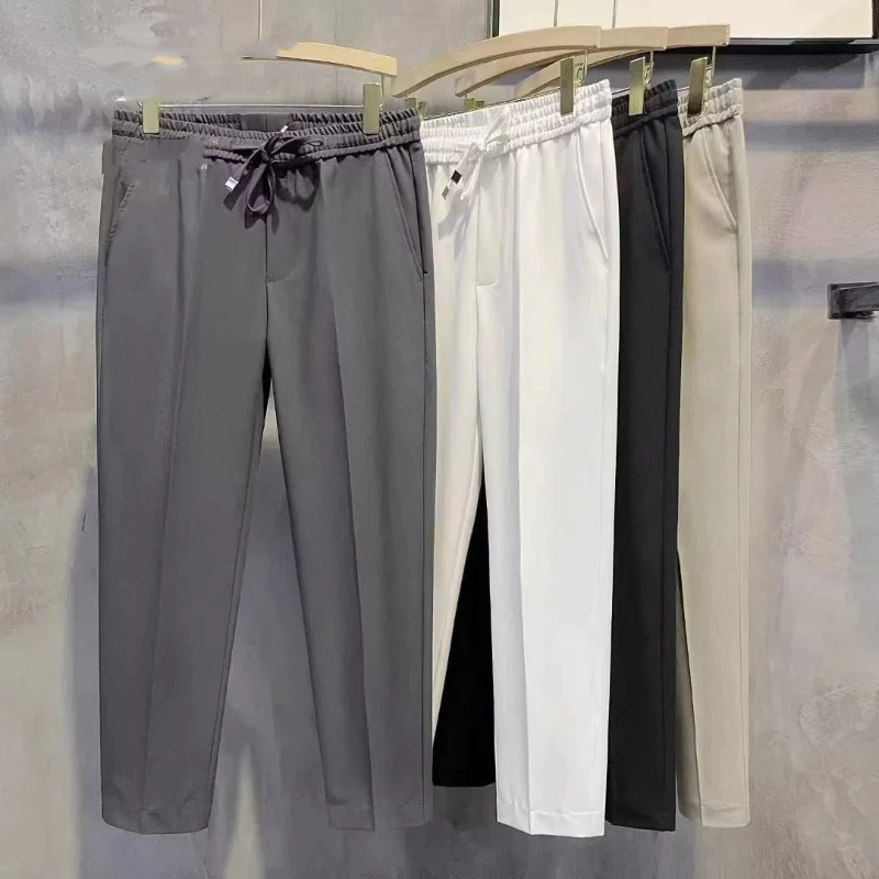 2024 Summer Minimalist Solid Color Men's Pants Pockets Elastic Drawstring High Waisted Loose Straight Business Casual Trousers