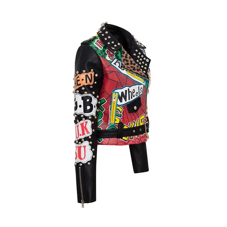 Motorcycle Cropped Leather Jacket Women 2024 Trend Punk Style Streetwear Graffiti Print Contrast Faux Leather Studded Jacket