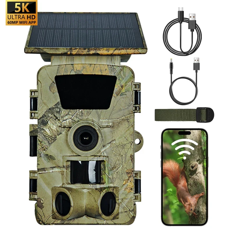 Caméra de chasse solaire 5K 60MP WiFi étanche IP66 grand angle vision nocturne surveillance