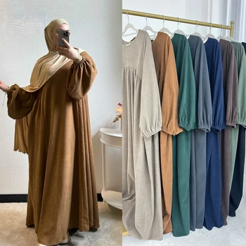 2024 Dubai Corduroy Abaya for Muslim Women Eid Ramadan Modest Dress Loose Large Elegant Gown Islam Clothing Turkey Solid Robe 1