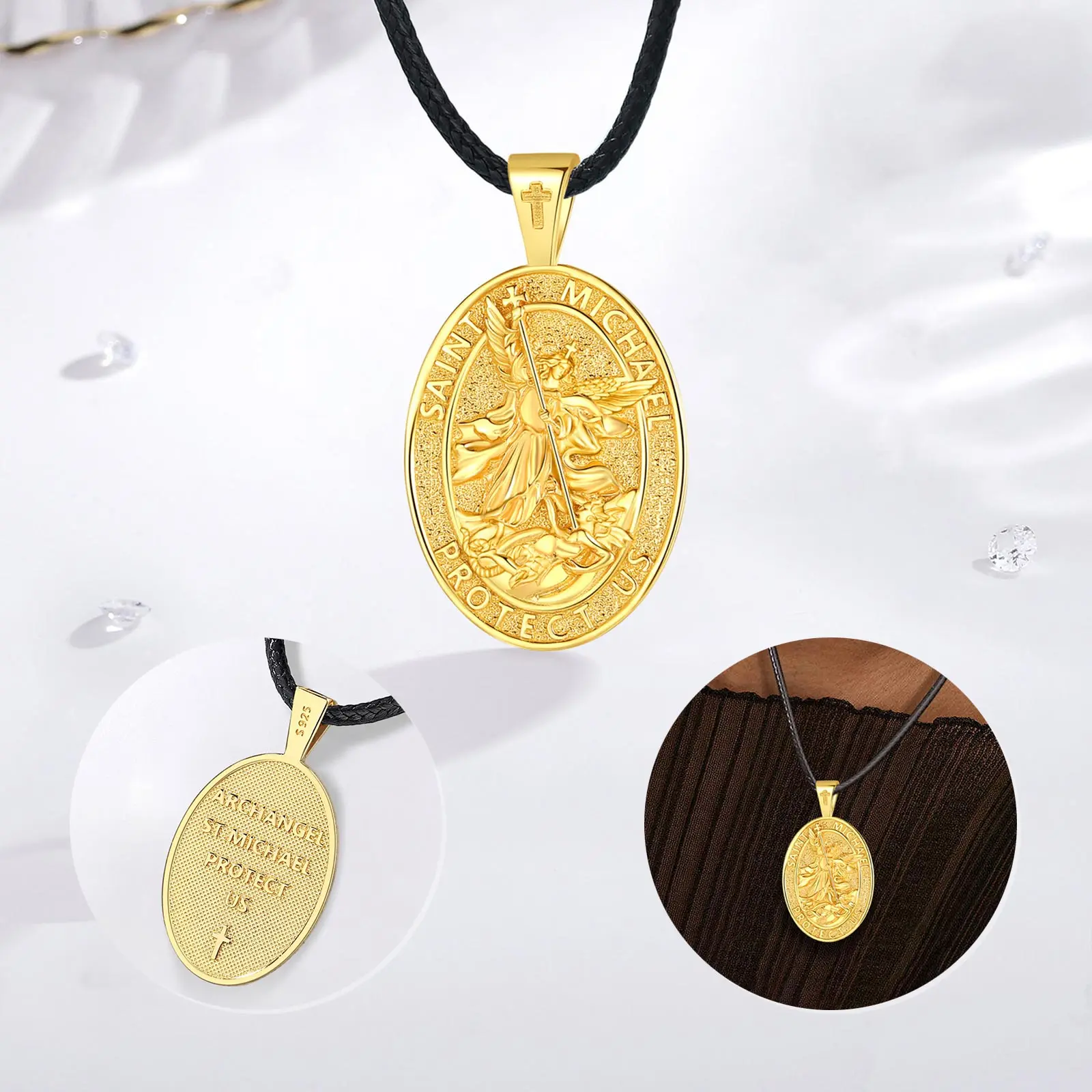 Eudora 925 Sterling Silver Saint Michael Archangel Necklace 18K Gold Cross Amulet Pendant Men Women Religious Jewelry Gifts