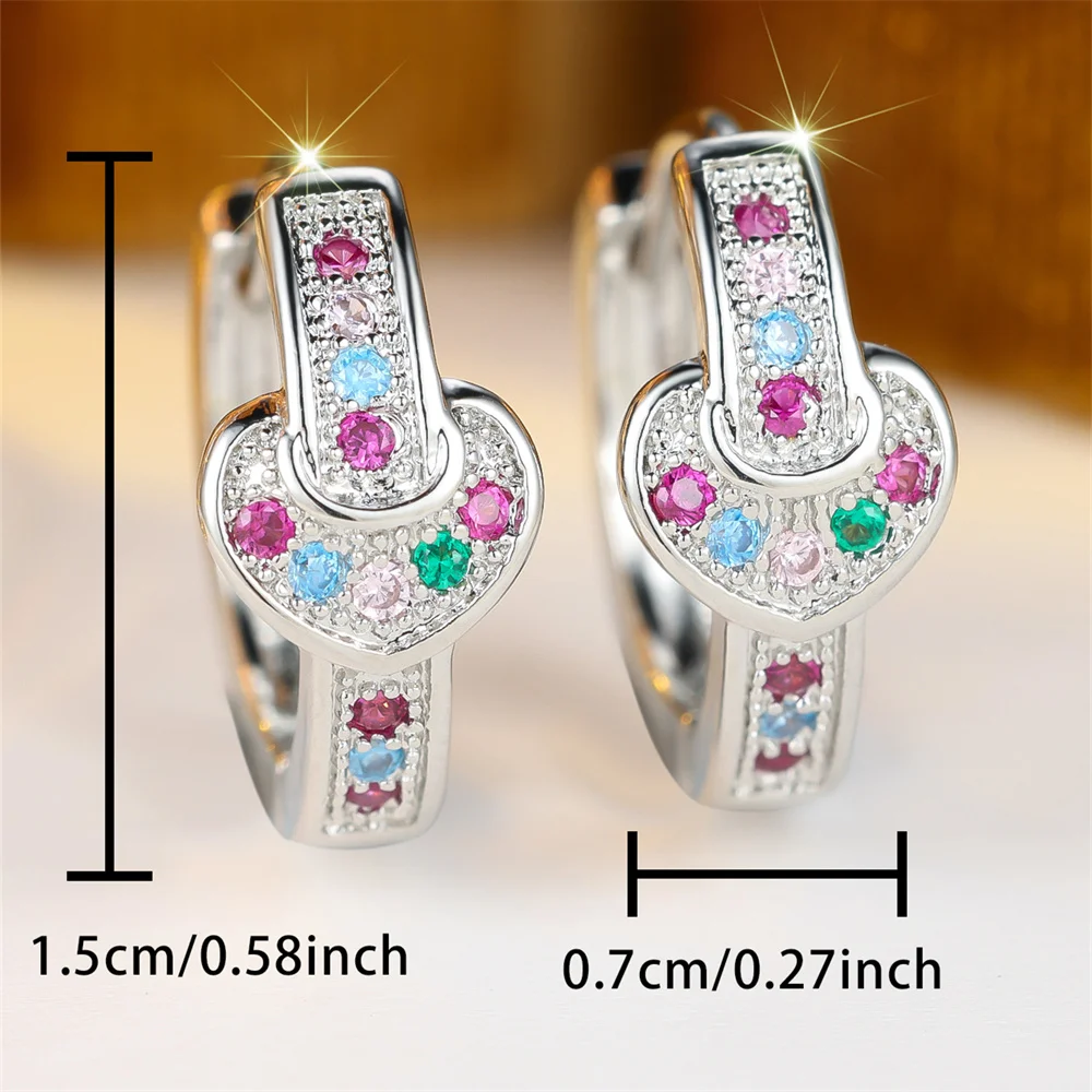 Multicolor Zircon Round Stone Love Heart Hoop Earrings For Women Vintage Gold Silver Color Ear Buckle Wedding Party Jewelry Gift