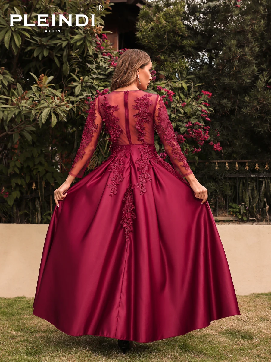 PLEINDI Vintage Evening Dresses Party Women Dress Wedding Long Sleeve O-Neck 2022 New Elegant Lace Corduroy Burgundy Red Prom