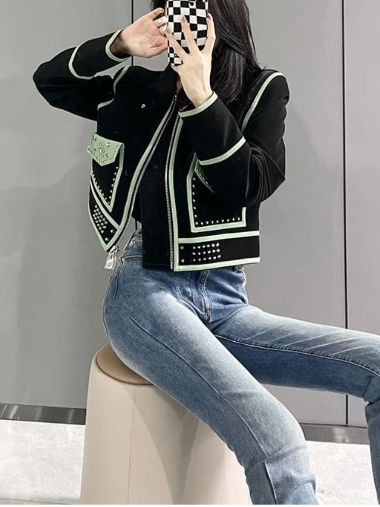 

Cropped Jacket Women Elegant Design Motorcycle Streetwear Pocket Korean Fashion Outwear Y2K Casual Rivet Jacket Coats for Women