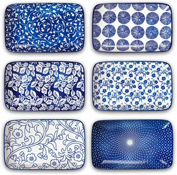 Set of 6 Vintage Blue 9.5" Rectangular Ceramic Plates 1