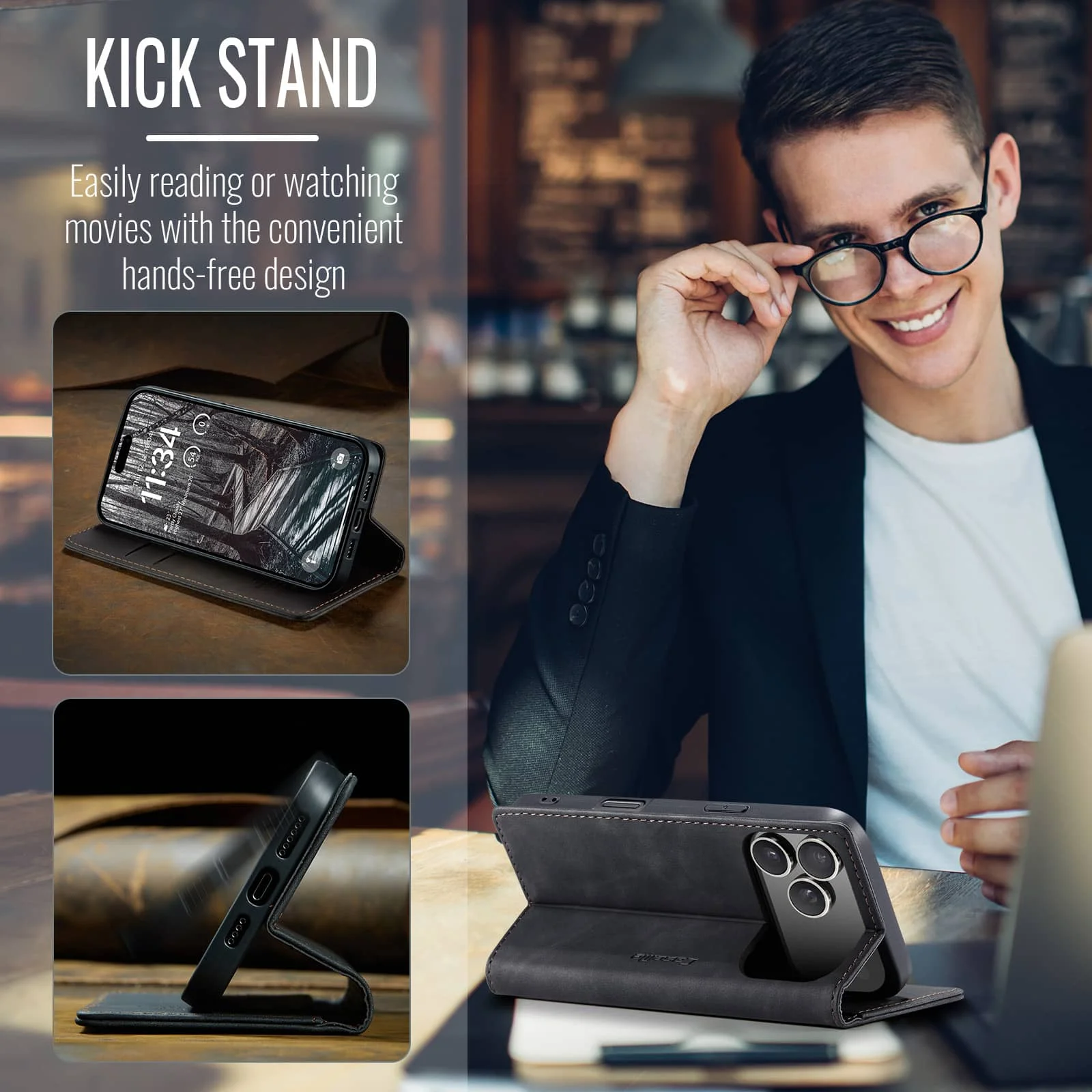 Leather Flip Wallet Case, Magnetic Folio Cover with Card Holder and Shockproof Kickstand