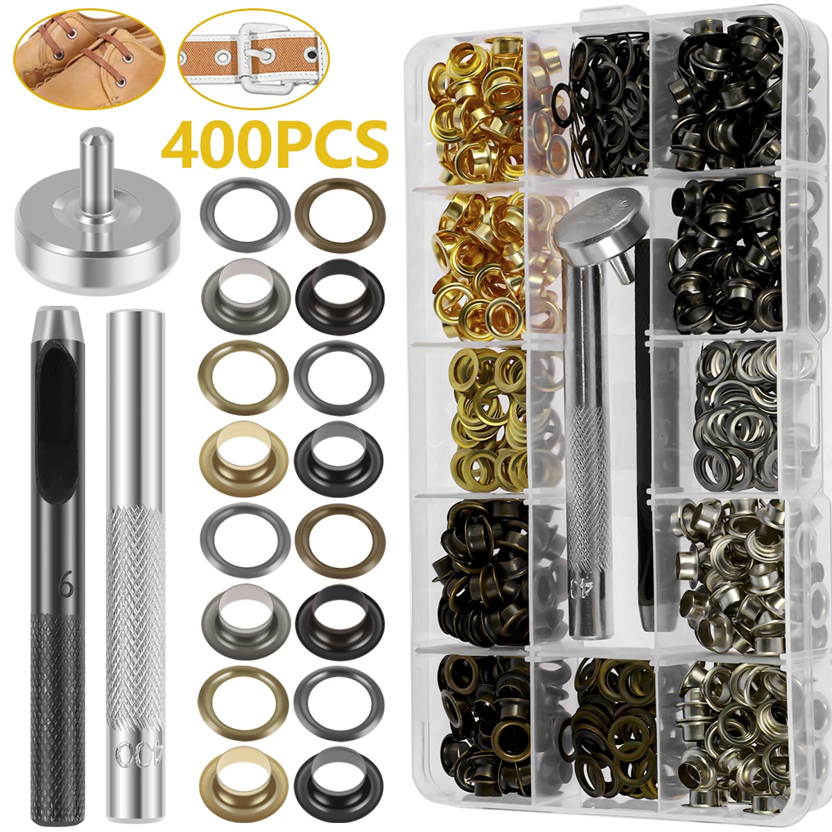 400 Set Grommet Kit Brass Eyelets Hole Punch Tool Manual Grommet Press Machine Fabric Leather Canvas Clothing Shoes eyelet punch tool set eyelet grommet ring kit grommet eyelet kit grommet punch tool grommet tool kit grommet tool