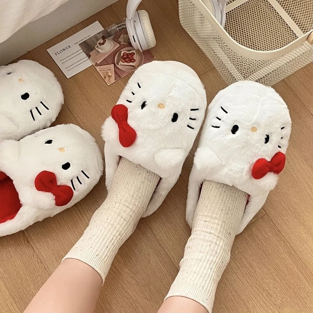 Sanrio Hello Kitty Plush Slipper White Cute Bow Cartoon Warm Winter Indoor  Slippers Flat Casual Non-slip Girls Home Shoes Gifts - AliExpress