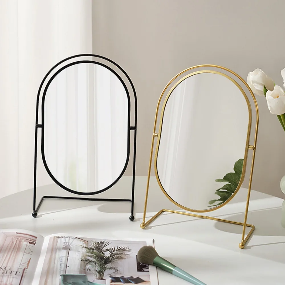 Beauty Iron Art Nordic Makeup Mirror Iron Frame Oval Vanity Mirror Direct Color 360° Rotatable Desktop Stand Mirror Women