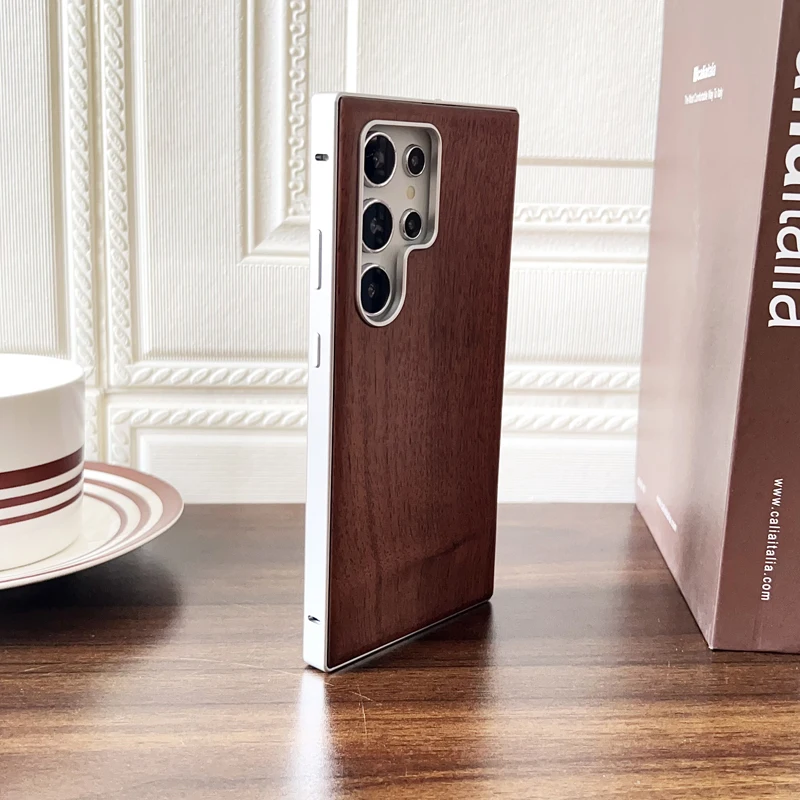 Premium Aluminum Alloy Frame with Wooden Back Case Cover - Walnut, Ebony, Rosewood