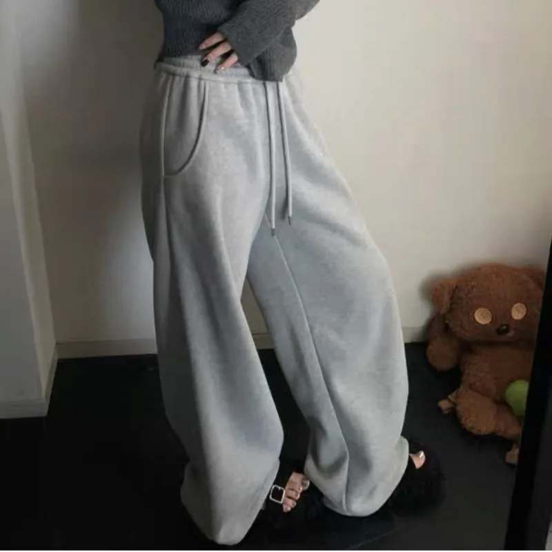 Deeptown Vintage Baggy Sweatpants Women Harajuku Oversize Grey Jogger Wide Pants with Fleece Casual Retro Korean Cotton Trousers