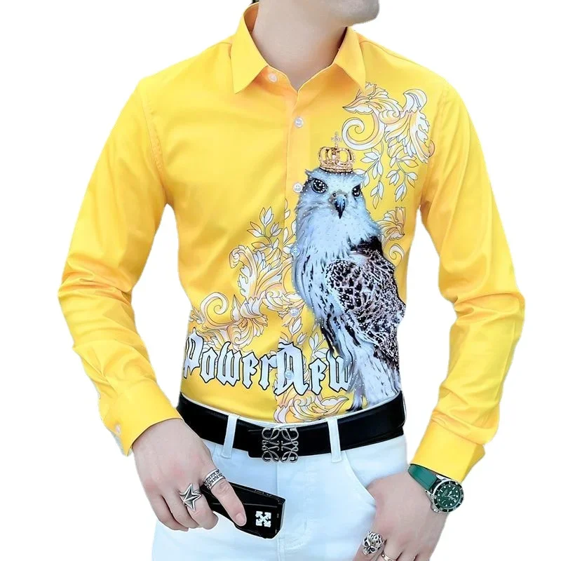 

Long -sleeved Men's Shirt, Korean Trend Hot Drill Yellow Print Lapel Shirt, Single -breasted Owl Pattern Black Men's Clothing