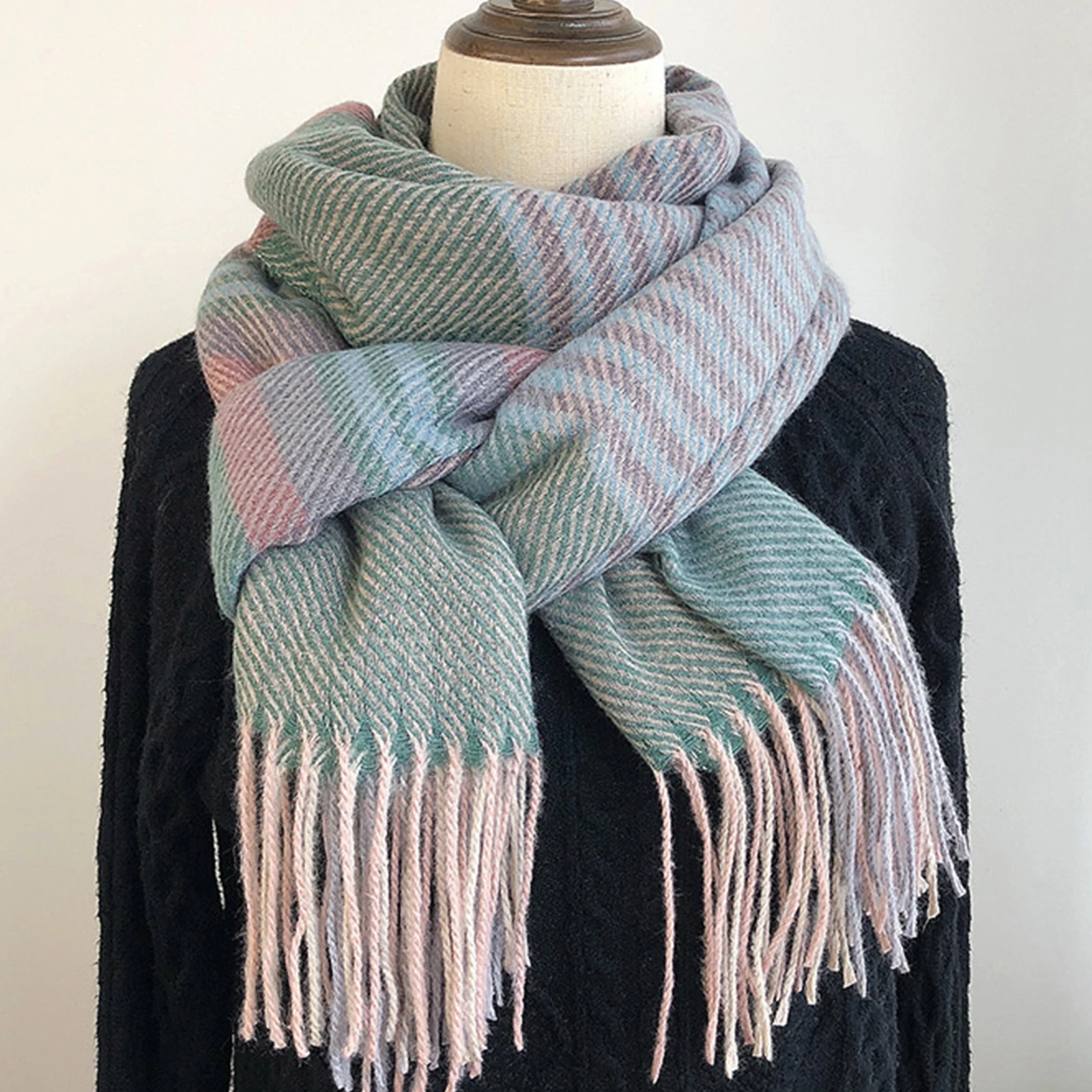 

Autumn Female Lattice Bandana Luxury Brand Fringe Large Scarves Winter Warm Cashmere Wrap Scarf Fashion 200X70CM Thick Shawls