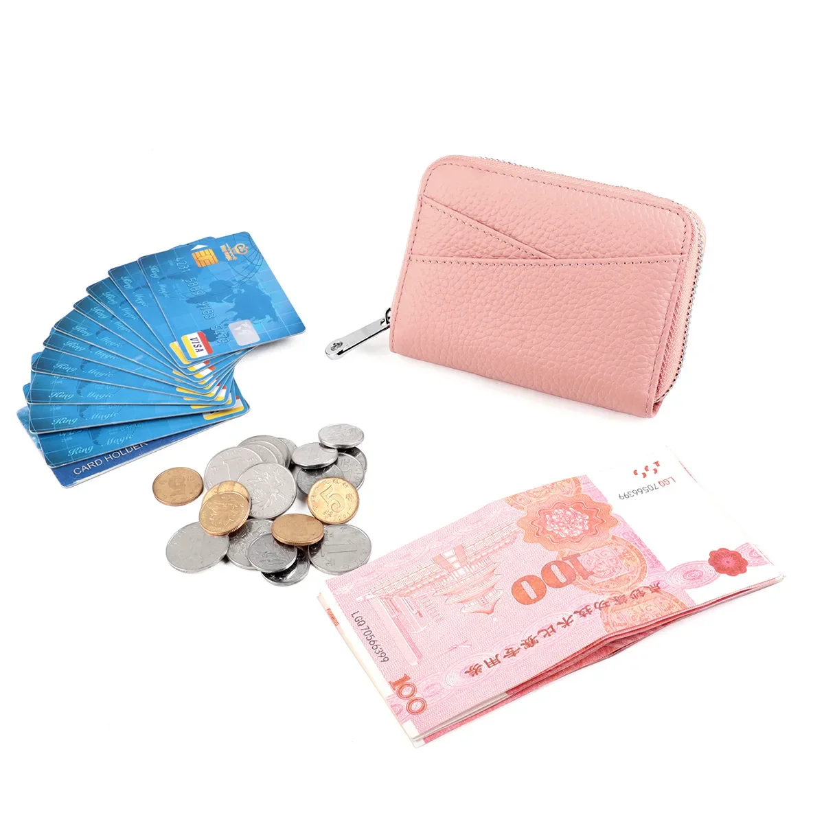 Women's RFID Blocking Credit Card Wallet Minimalist Genuine Leather Zippered Small Coin Purse Front Pocket Card Holder for Women