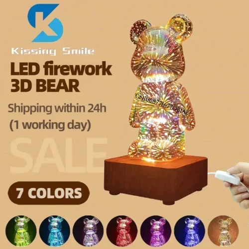 USB LED 야간 조명, 3D 곰 램프, 침실 장식, 귀여운 테이블 책상 프로젝션 분위기, 7 가지 색상 변경 가능, 어린이 선물 3