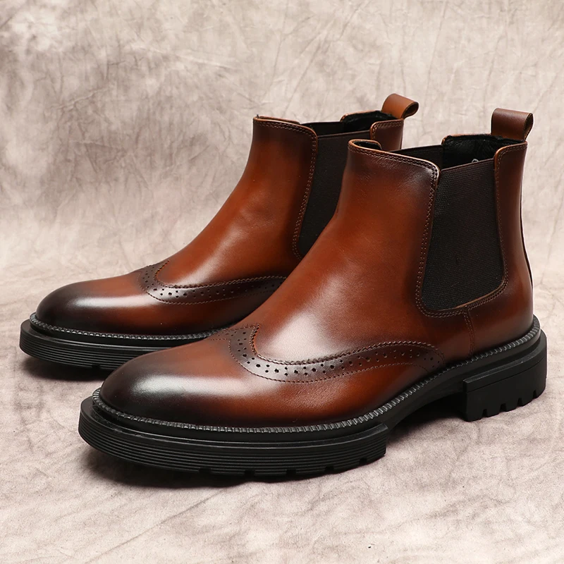 

Vintage Men's Genuine Leather Ankle Boots Black Brown Slip On Leather Dress Boots Men Classic Formal Chelsea Men Boots Shoe